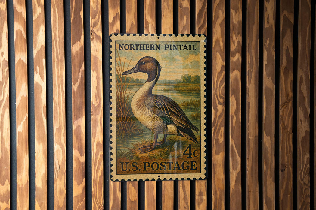 A vintage postage stamp featuring a duck is displayed on a wooden wall.