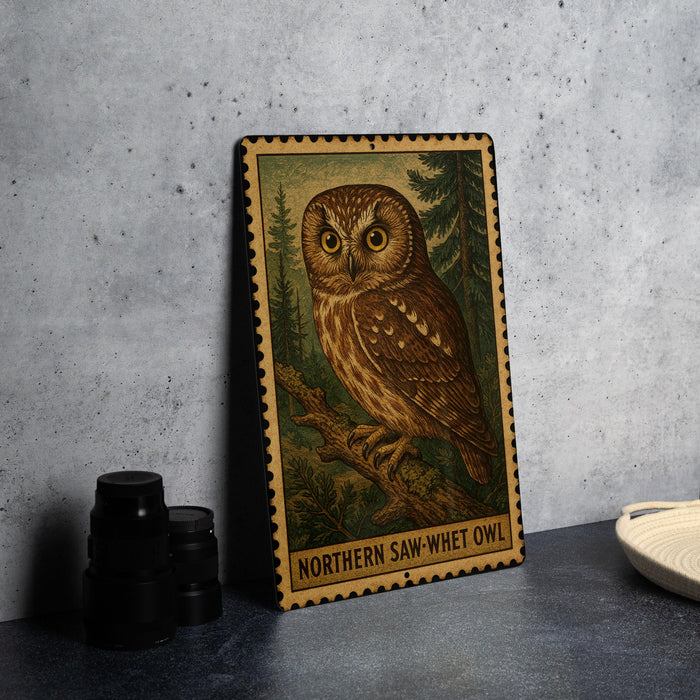 A framed illustration of a Northern Saw-wheat Owl is displayed on a gray wall, with a stack of black camera lenses and a white dish visible to the side.