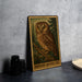 A framed illustration of a Northern Saw-wheat Owl is displayed on a gray wall, with a stack of black camera lenses and a white dish visible to the side.