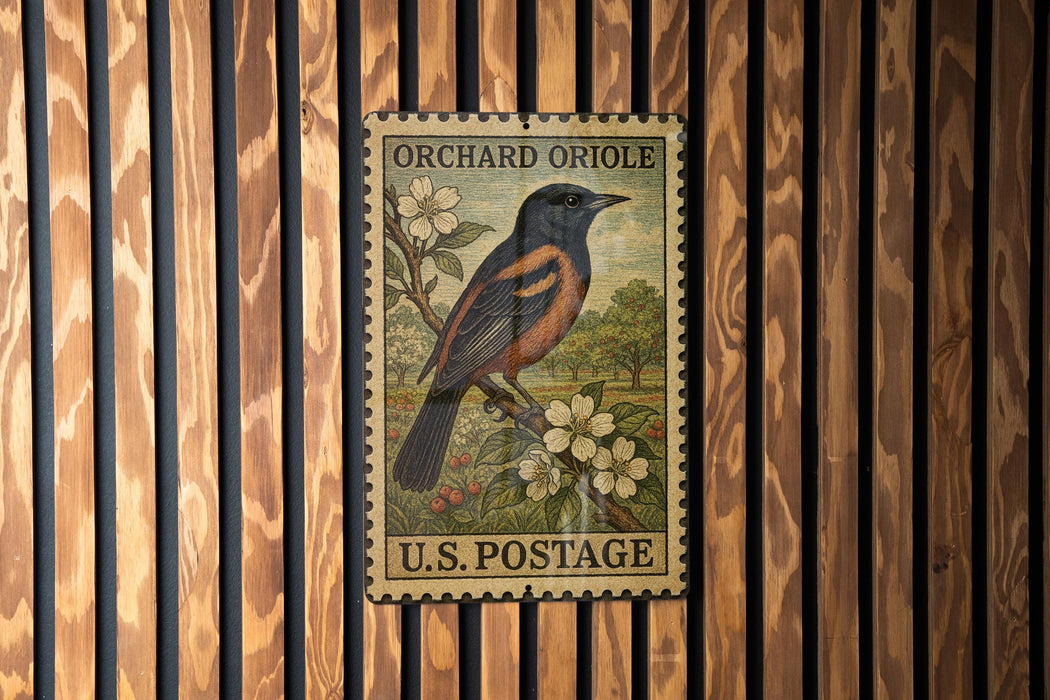 A vintage U.S. postage stamp featuring an illustration of an oriole bird perched on a branch with flowers, mounted on a wooden wall.