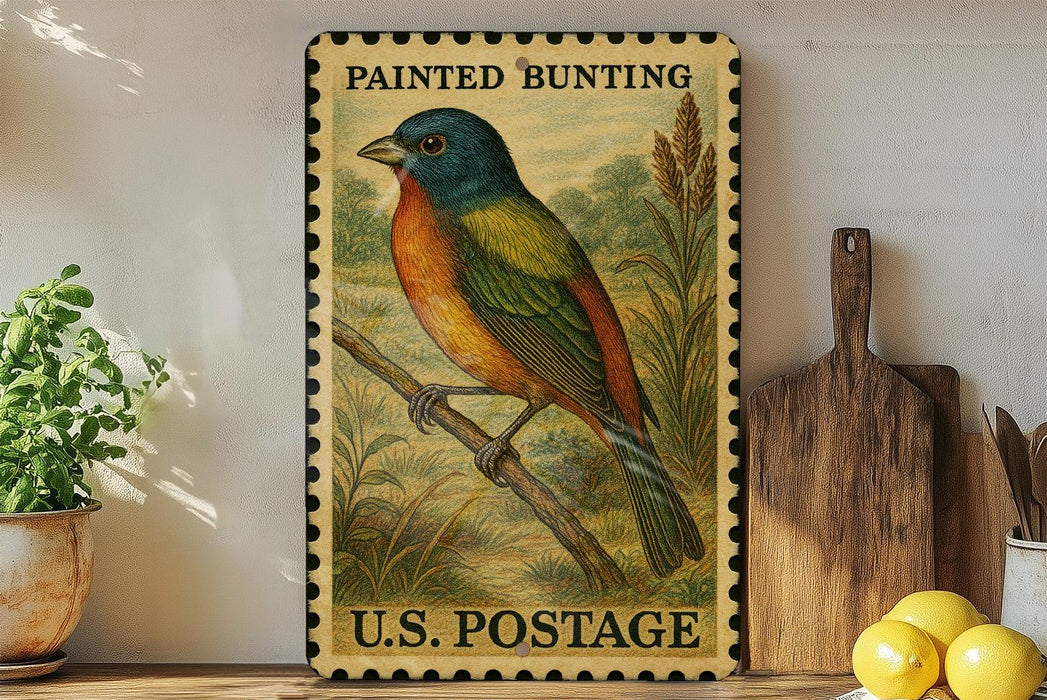 A framed painting of a colorful bird, likely a painted bunt, is displayed on a shelf next to a wooden cutting board and some lemons.
