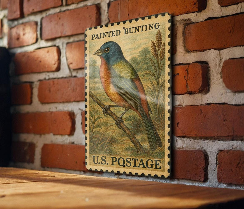 A vintage-style painted bunt bird postage stamp is displayed on a brick wall, with a wooden table below it.