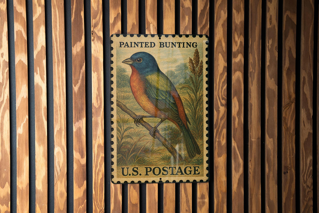 A vintage U.S. postage stamp featuring a colorful painted bird perched on a branch, mounted on a wooden wall.