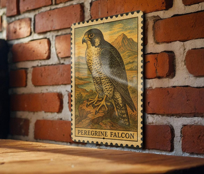 A framed illustration of a peregrine falcon is displayed on a brick wall, with the word "Peregrine Falcon" written below the image.
