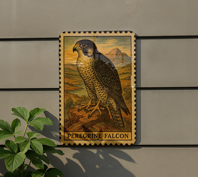 a framed illustration of a peregrine falcon, with the text "Peregrine Falcon" below the image.