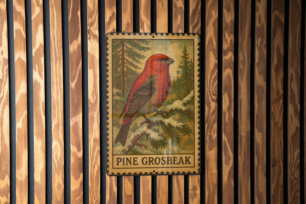 A vintage-style postage stamp featuring a red bird, likely a pine grouse, perched on a branch against a snowy background.