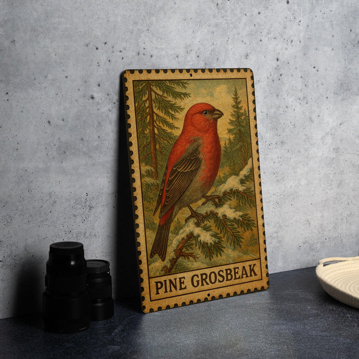 A framed illustration of a red bird, likely a pine grosbeak, perched on a branch in a forest setting, with the text "PINE GROSBEAK" below the image.