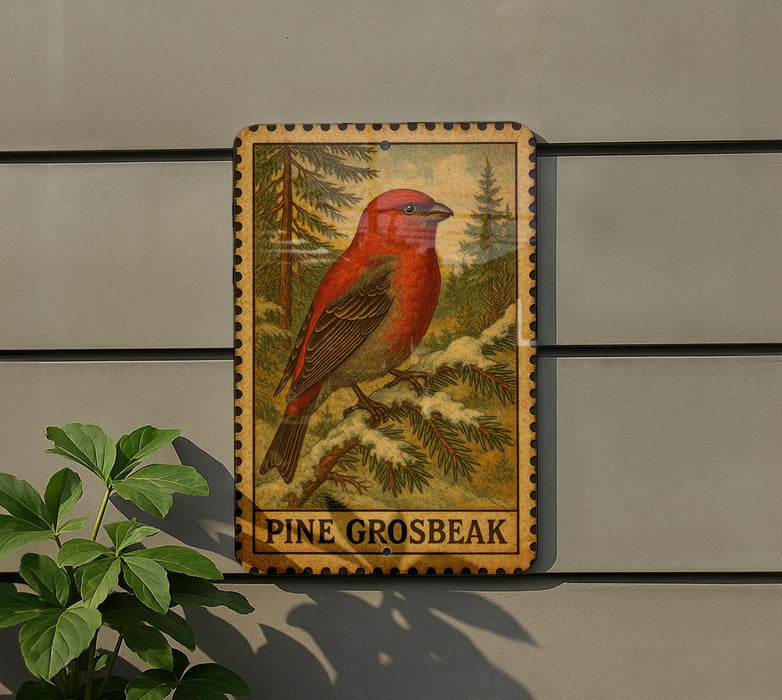 A wooden sign with a red bird perched on a pine tree, mounted on a gray wall.