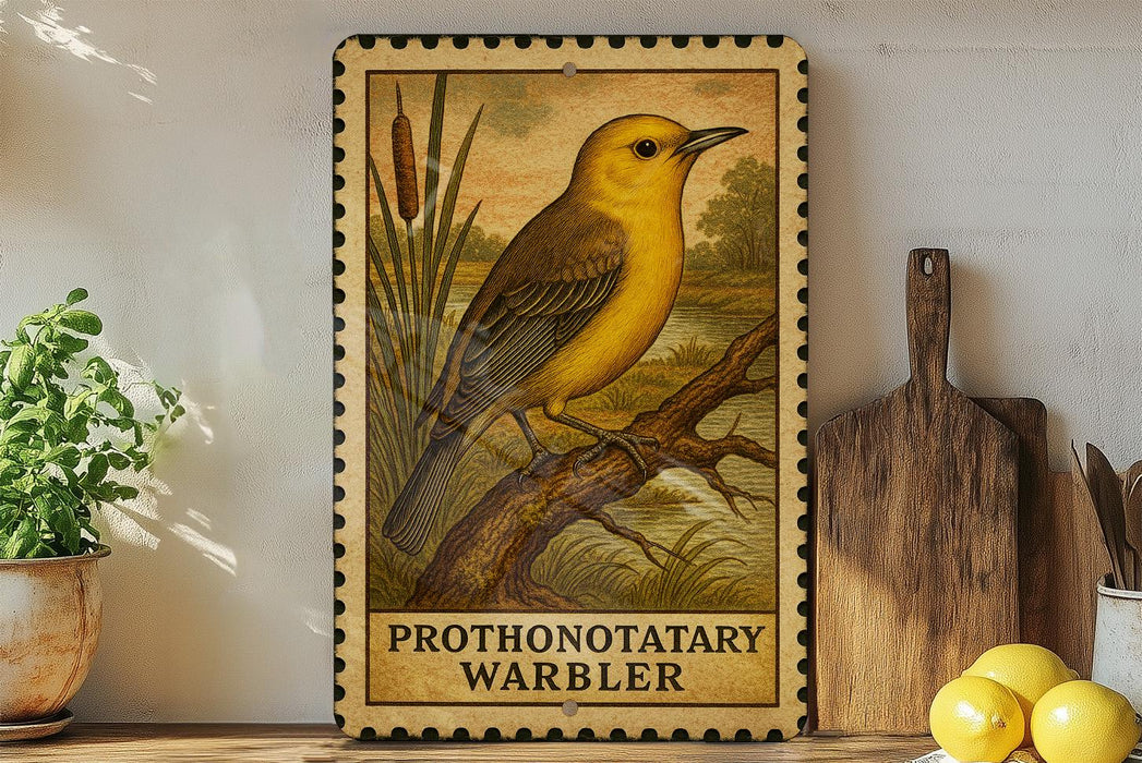 a framed illustration of a yellow warbler perched on a branch, with a wooden cutting board and a potted plant in the background.
