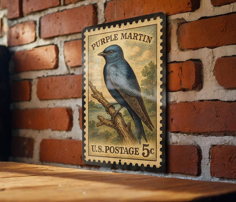Purple Martin Vintage Stamp Style Metal Sign, Purple Martin Bird Decor, Backyard Birding Gift, Nature Wildlife Wall Sign