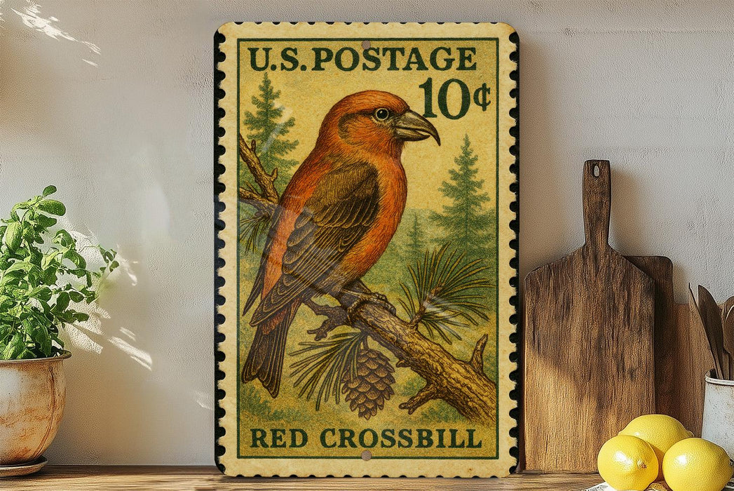 Red Crossbill Vintage Stamp Style Metal Sign, Songbird Nature Decor, Bird Lover Gift, Cabin Wall Sign, Wildlife Plaque