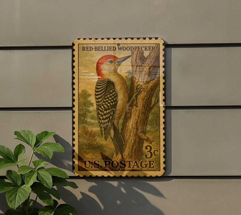 A vintage U.S. postage stamp featuring a red-bellied woodpecker perched on a tree trunk, mounted on a wall.