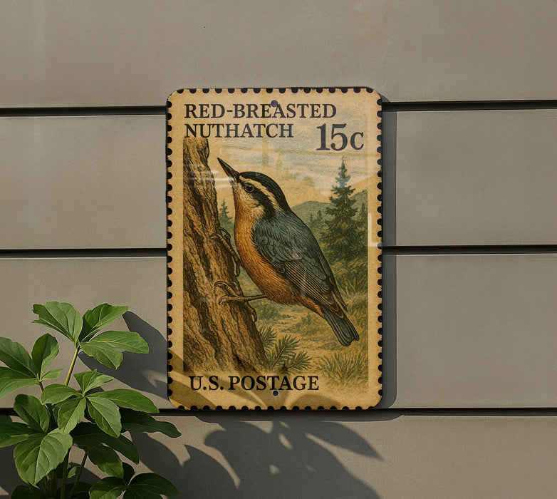 A vintage U.S. postage stamp featuring a red-breasted nuthatch perched on a tree trunk, with the text "RED-BREasted NUTHATCH 15c" and "U.S. POSTAGE" printed on it.