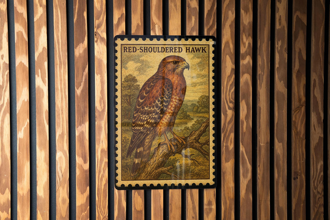 A framed image of a red-shoed hawk is displayed on a wooden wall.
