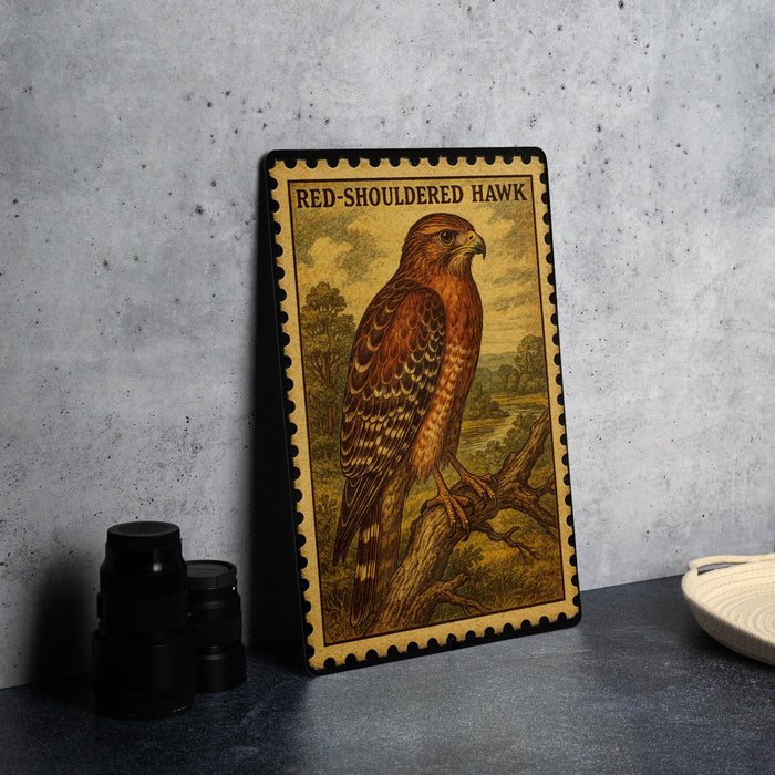 A framed illustration of a red-shoed hawk is displayed on a wall, with a plate and some black objects in the foreground.