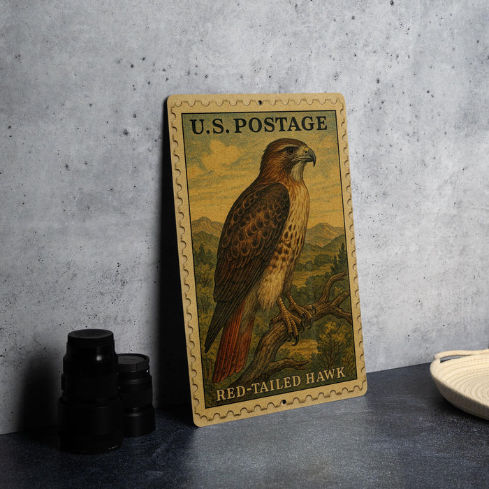 A U.S. postage stamp featuring a red-tailed hawk is displayed on a table next to some black camera lenses.