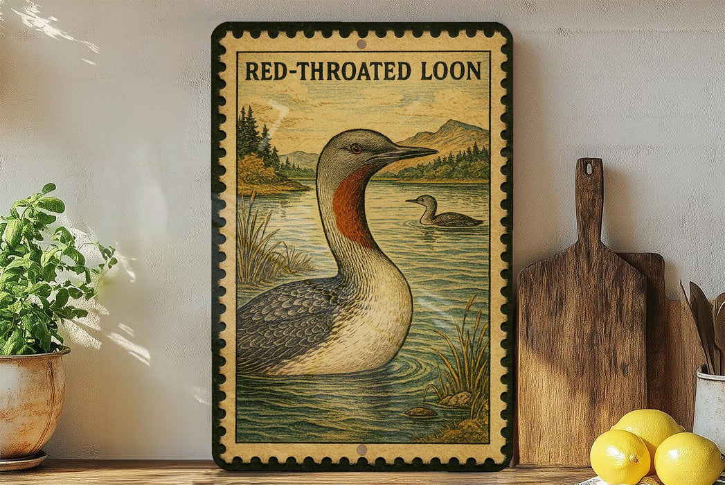 a vintage-style sign with a duck illustration, placed on a wooden surface next to a wooden cutting board and some lemons.