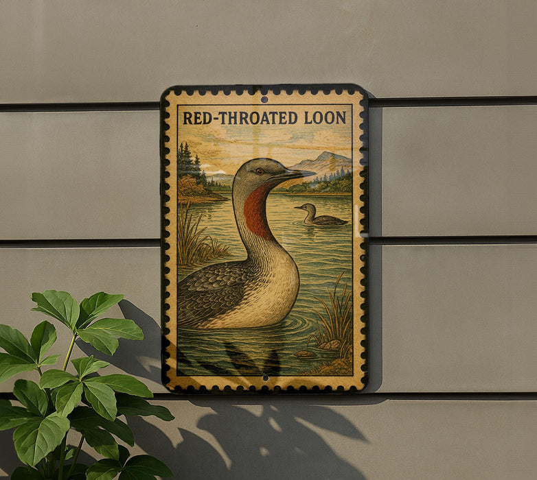 a sign with a duck illustration, mounted on a wall next to a plant.