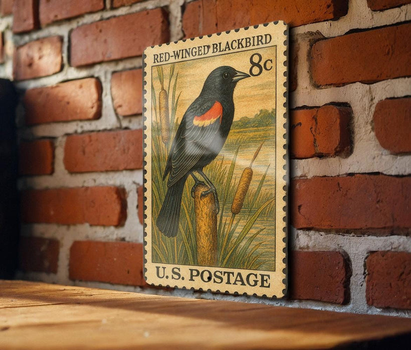 A vintage-style postage stamp depicting a blackbird perched on a reed plant, mounted on a brick wall.