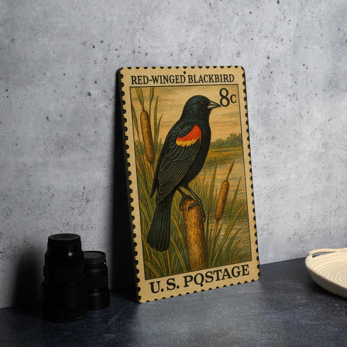 A framed postage stamp depicting a red-winged blackbird, with the text "RED-WINGED BLACKBIRD" and "8c" printed on it.