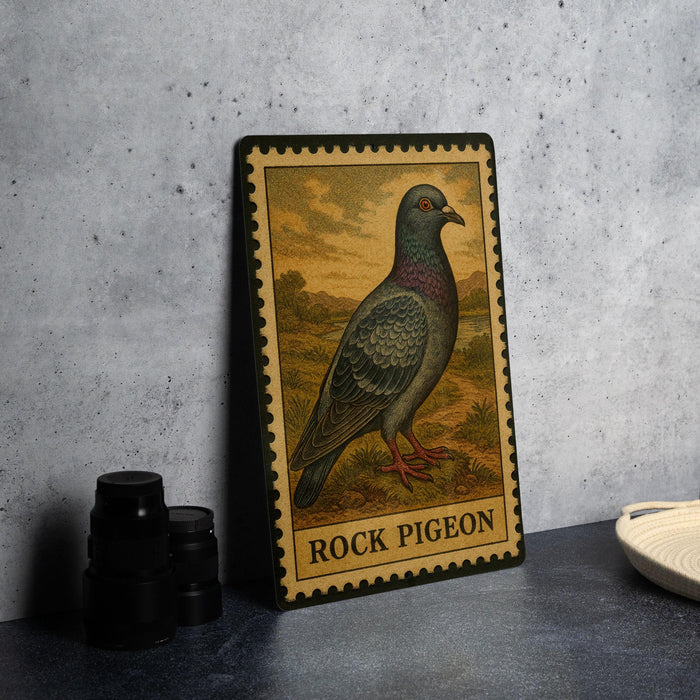 A framed illustration of a rock pigeon is displayed on a wall, with a plate and a stack of black camera lenses to the left.