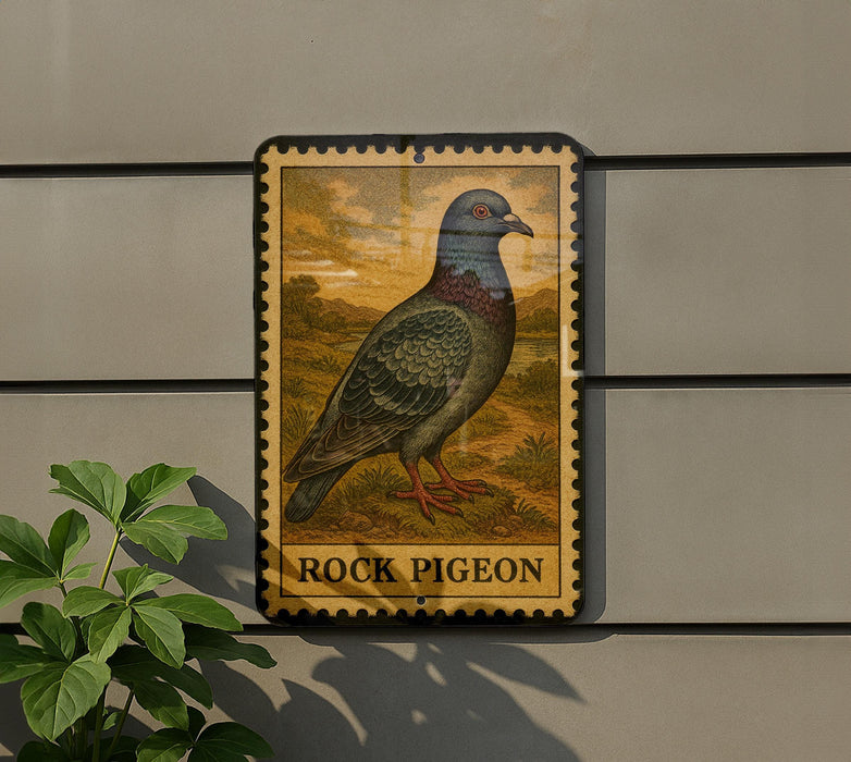 a vintage-style stamp or sign depicting a rock pigeon, with the text "ROCK PIGEON" below the illustration.