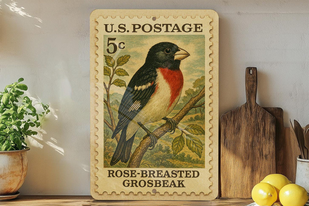 A U.S. postage stamp featuring a colorful illustration of a rose-breasted grosbeak perched on a branch, with a wooden post and a potted plant in the background.