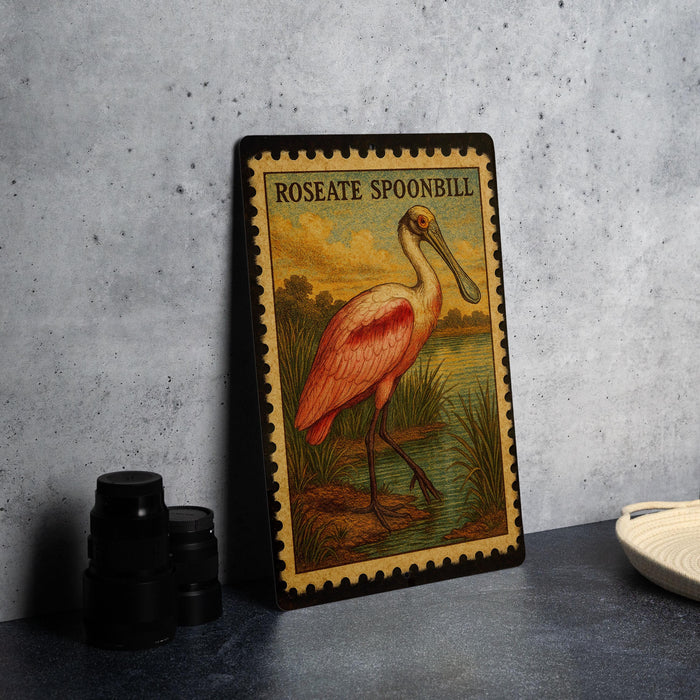 A framed illustration of a pink spoonbill bird, with the text "ROSEATE SPONONBILL" on the top and bottom corners, is displayed on a gray wall.