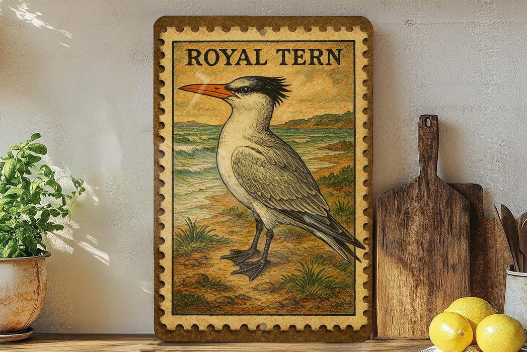 A framed illustration of a bird, likely a seagull, is displayed on a shelf next to a wooden cutting board and some kitchen utensils.
