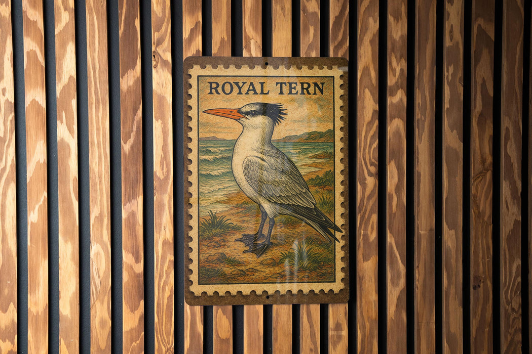 A metal sign with a bird illustration is mounted on a wooden wall.