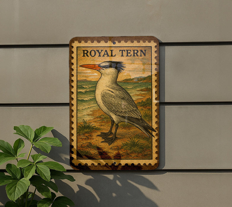 a wooden sign with a bird illustration, mounted on a wall.