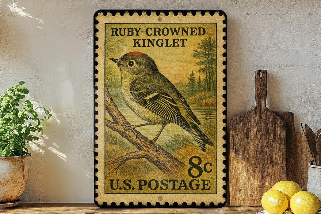 A vintage-style postage stamp featuring a yellow and green bird, likely a kinglet, perched on a branch. The stamp is displayed on a shelf next to a wooden cutting board and a potted plant.