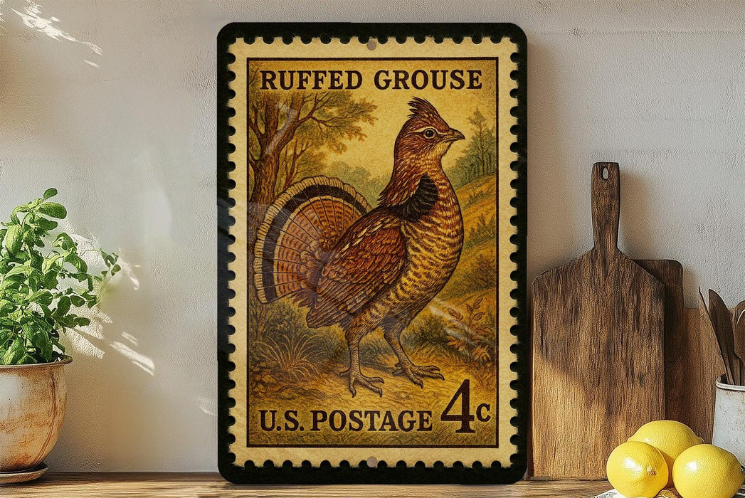A framed postage stamp featuring a detailed illustration of a grouse, with the text "RUFFED GROUSE" and "U.S. POSTAGE 4c" printed on it. The stamp is displayed on a shelf next to a wooden cutting board and a potted plant.