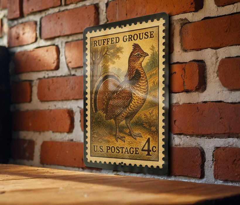 A vintage postage stamp featuring a detailed illustration of a pheasant, mounted on a brick wall.