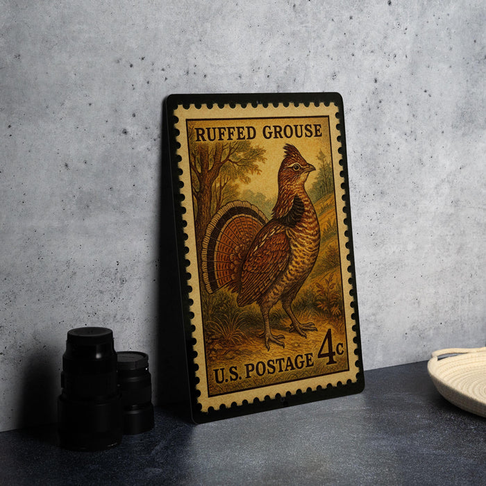 A framed postage stamp featuring a detailed illustration of a grouse bird, with the text "RUFFED GROUSE" and "U.S. POSTAGE 4¢" printed on it.