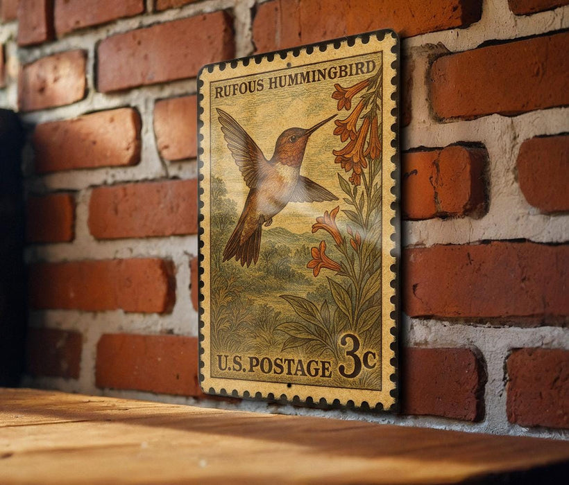 A vintage postage stamp featuring a hummingbird is displayed on a brick wall.