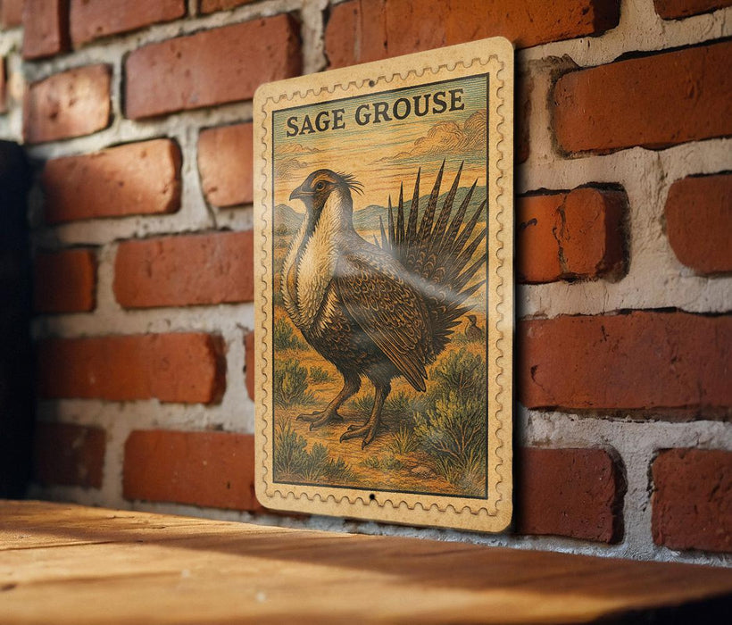 a vintage-style stamp or label with a detailed illustration of a bird, likely a species of grouse, mounted on a brick wall.