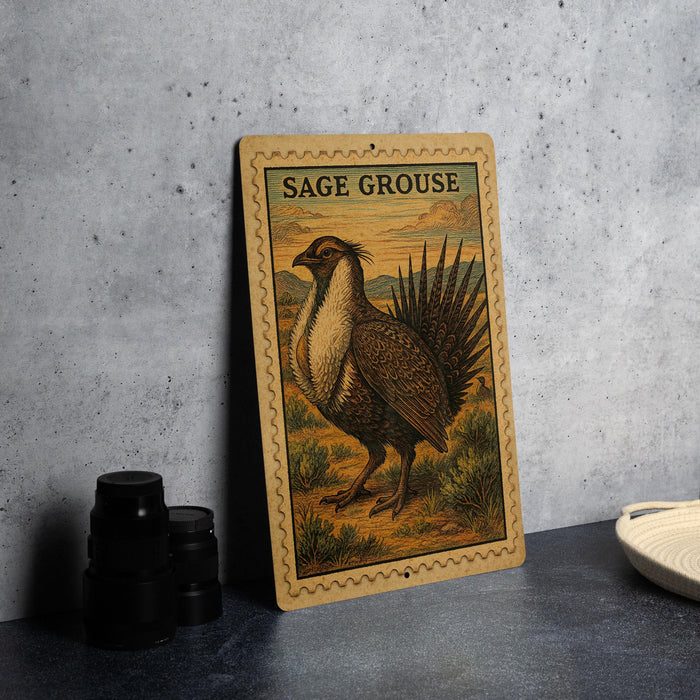 a framed illustration of a bird, specifically a Sage grouse, standing in a natural setting.