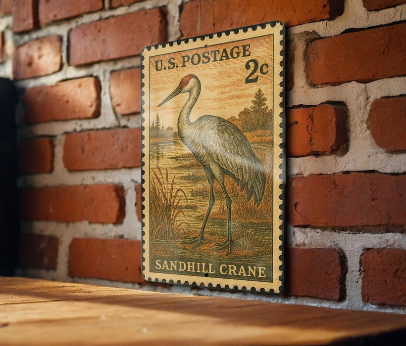 A vintage U.S. postage stamp featuring a sandhill crane is displayed on a wooden surface against a brick wall.
