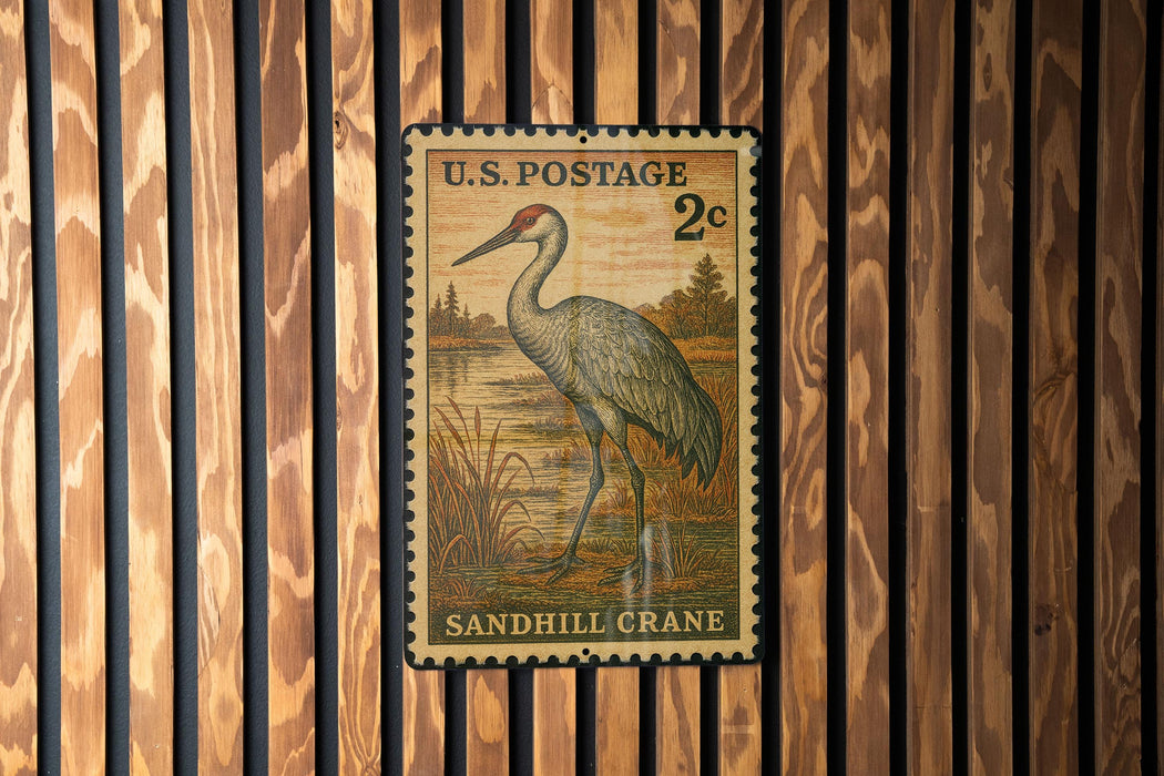 A U.S. postage stamp featuring a sandhill crane, which is a type of crane, is displayed on a wooden wall.