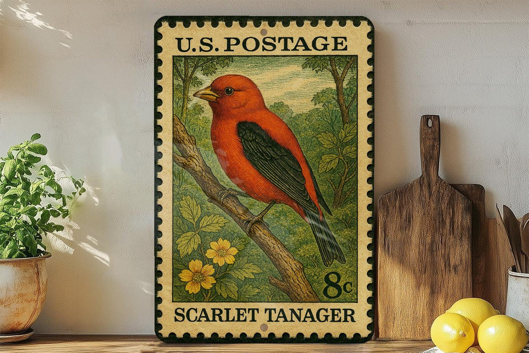 A vintage U.S. postage stamp featuring a red bird, likely a scarlet tanager, perched on a branch. The stamp is displayed on a shelf next to a wooden cutting board and a potted plant.