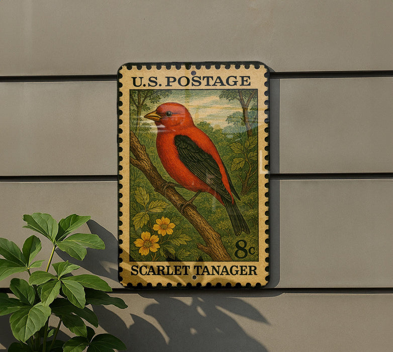 A postage stamp featuring a red bird, likely a scarlet tanager, perched on a branch.