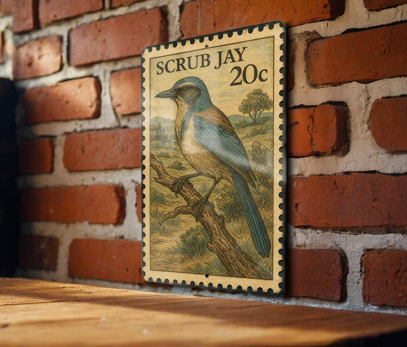 A framed postage stamp featuring a blue jay perched on a branch, mounted on a brick wall.
