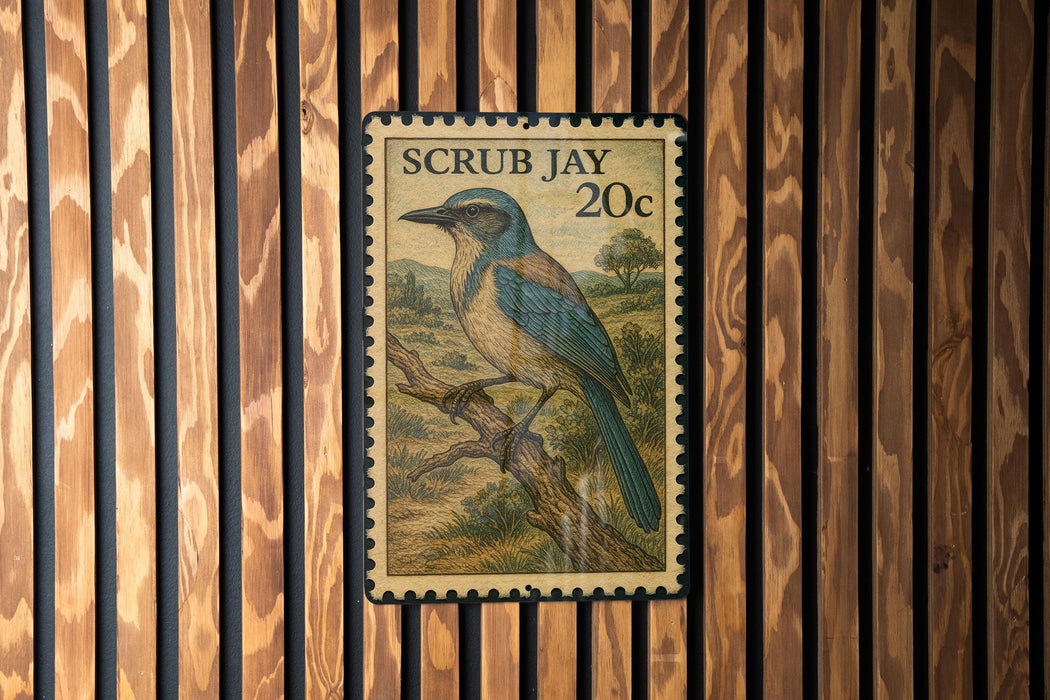 A postage stamp featuring a blue and green bird perched on a branch, with the text "SCRUB JAY 20c" printed on it.
