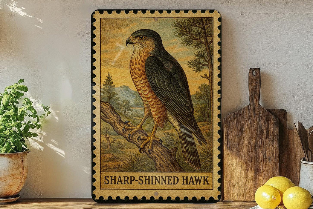 A framed illustration of a sharp-shinned hawk is displayed on a shelf, surrounded by kitchen utensils and a potted plant.