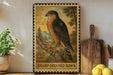 A framed illustration of a sharp-shinned hawk is displayed on a shelf, surrounded by kitchen utensils and a potted plant.