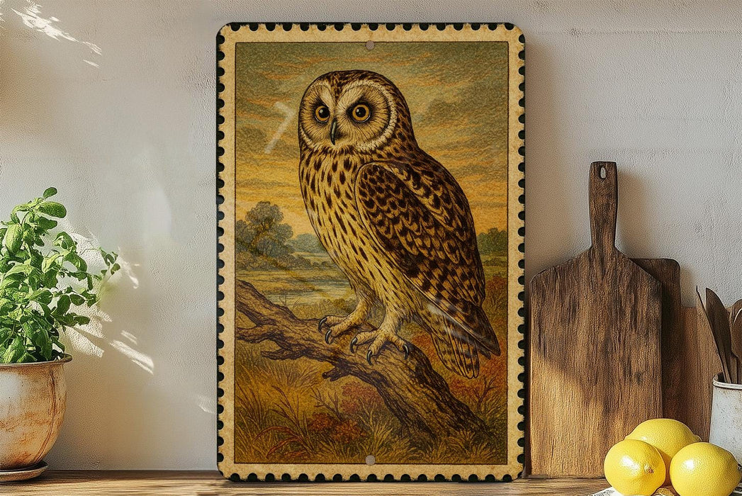 a framed painting of an owl perched on a branch, with a wooden cutting board and a potted plant to the left of the frame.