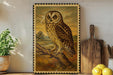 a framed painting of an owl perched on a branch, with a wooden cutting board and a potted plant to the left of the frame.