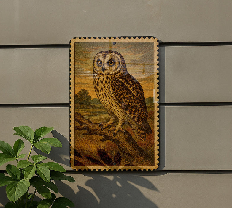 a framed painting of an owl perched on a branch, hanging on a wall.