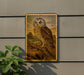 a framed painting of an owl perched on a branch, hanging on a wall.